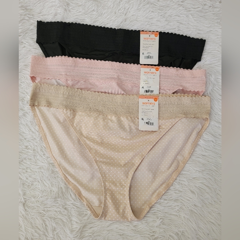 Warner's 3XL/10 Bikini Women's Panties in Black, Pink,Cream Mid Lace Set Of 3